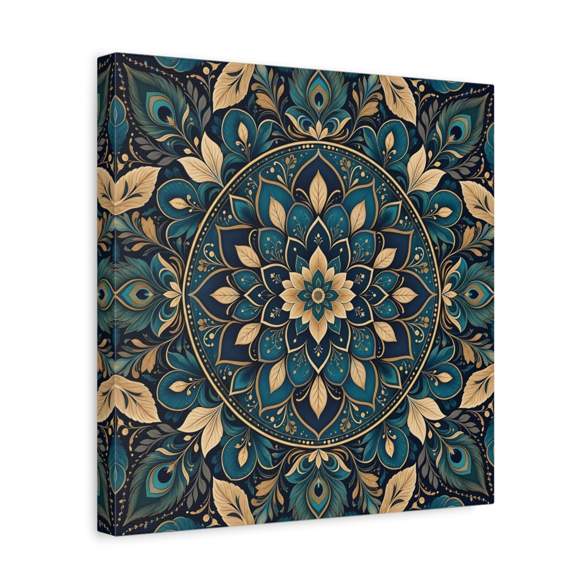Side Mockup 7. Floral Mandala Teal Gold Mandala shown as stretched canvas wall art