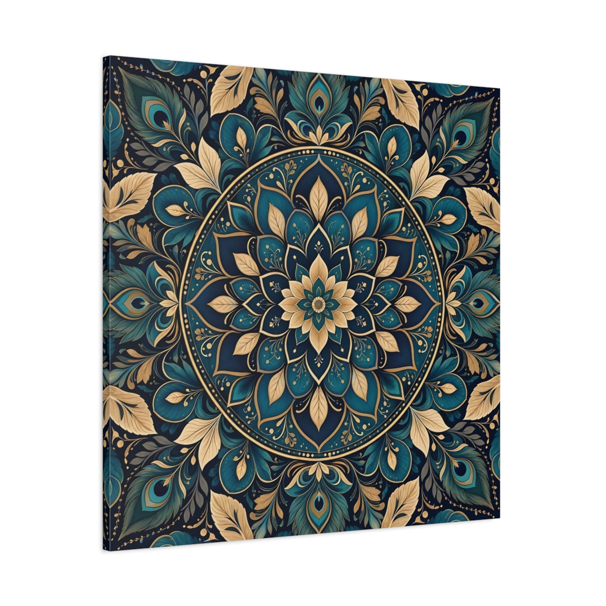 Side Mockup 1. Floral Mandala Teal Gold Mandala shown as stretched canvas wall art