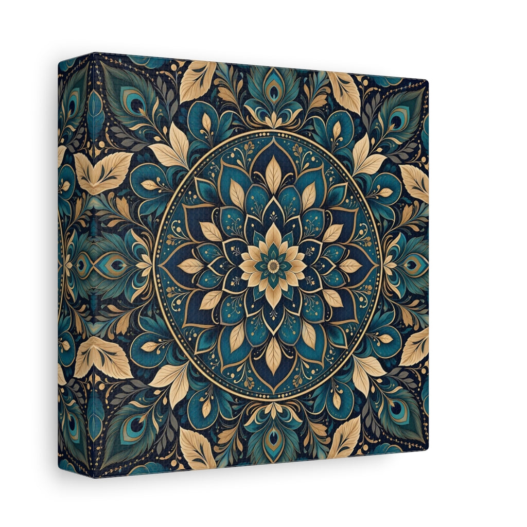 Side Mockup 2. Floral Mandala Teal Gold Mandala shown as stretched canvas wall art