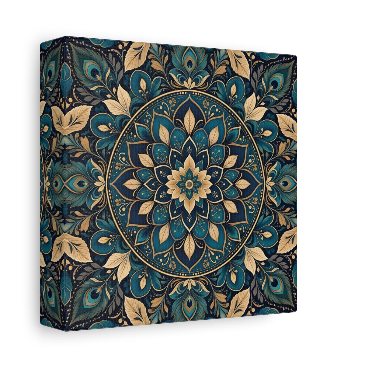 Side Mockup 2. Floral Mandala Teal Gold Mandala shown as stretched canvas wall art
