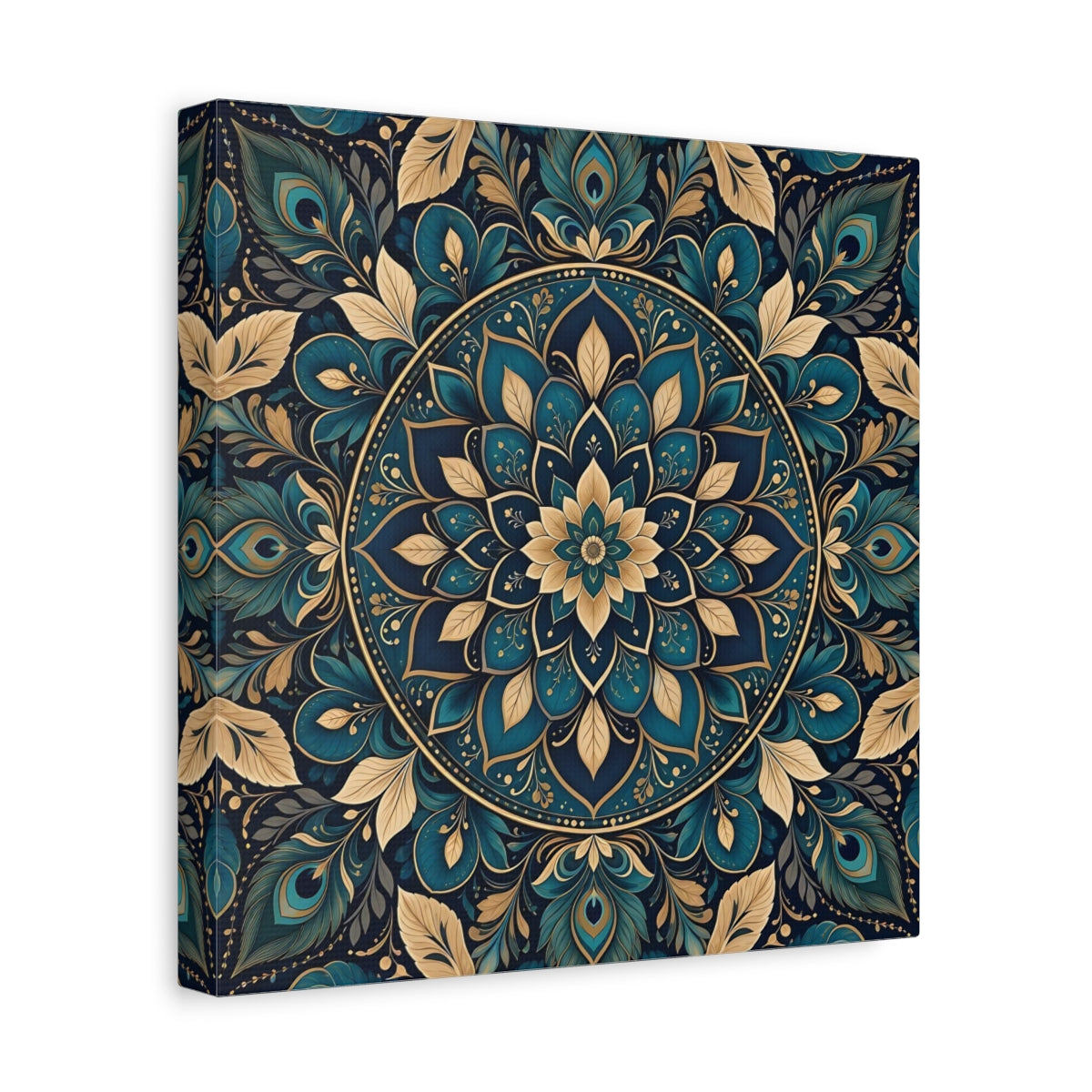 Side Mockup 8. Floral Mandala Teal Gold Mandala shown as stretched canvas wall art