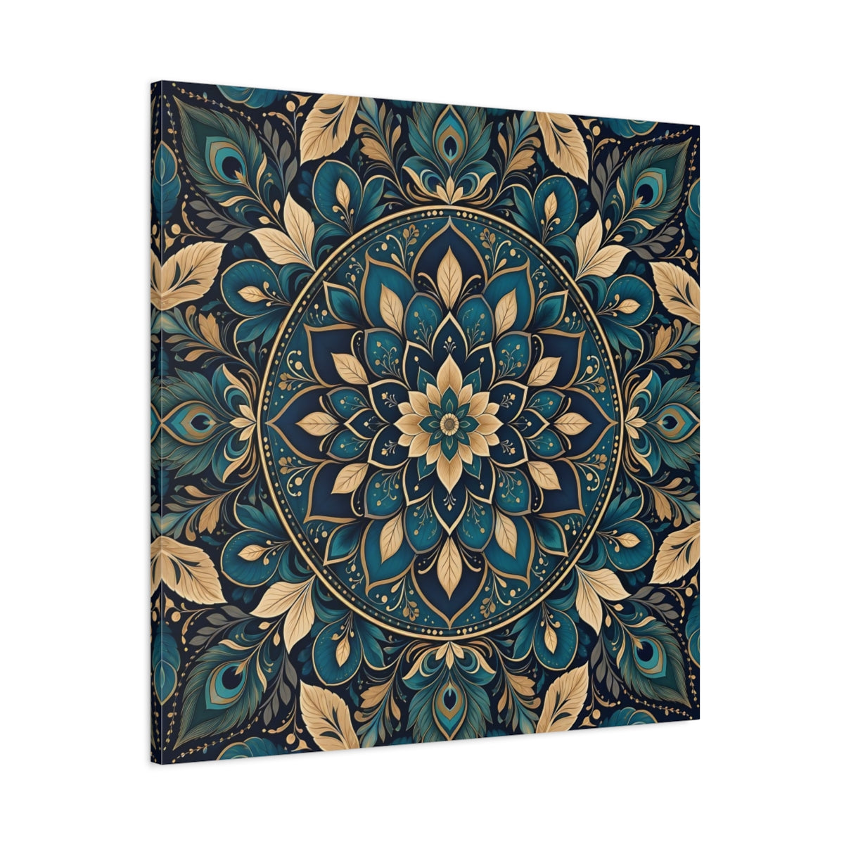 Main Mockup. Floral Mandala Teal Gold Mandala shown as stretched canvas wall art
