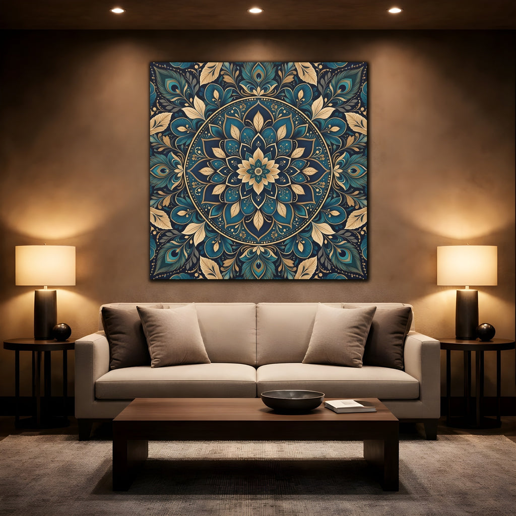 Mockup 2. Floral Mandala Teal Gold Mandala shown as stretched canvas wall art