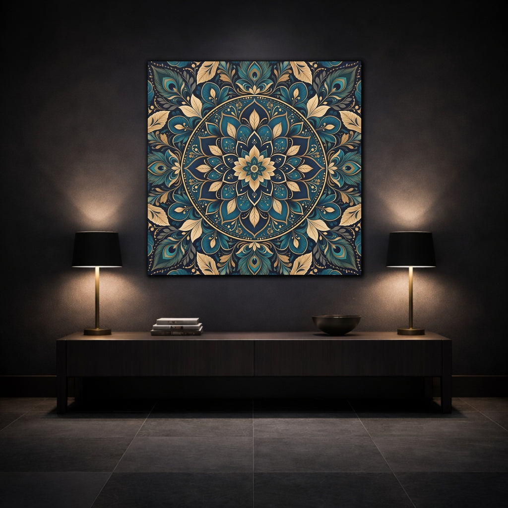 Mockup 3. Floral Mandala Teal Gold Mandala shown as stretched canvas wall art
