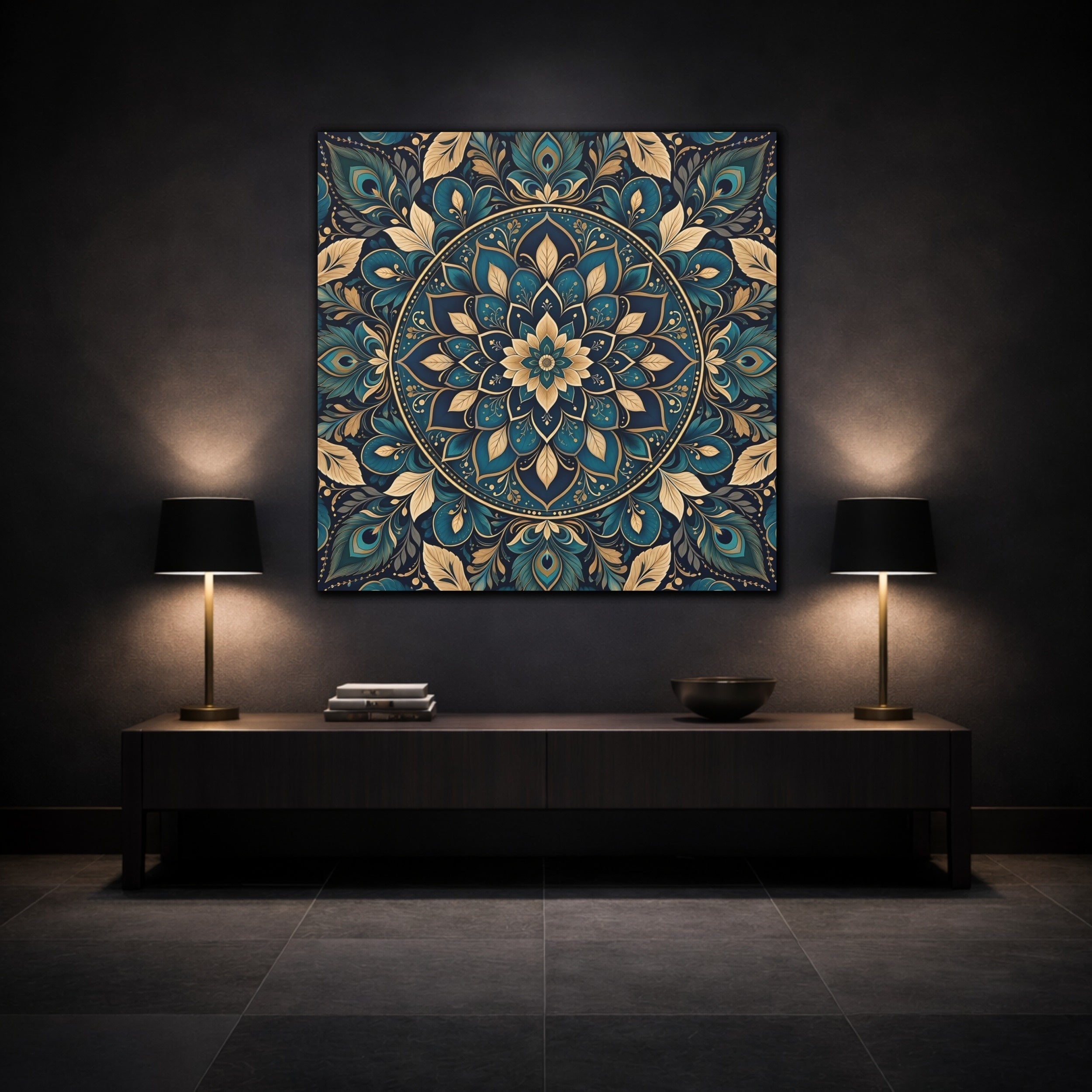Mockup 3. Floral Mandala Teal Gold Mandala shown as stretched canvas wall art