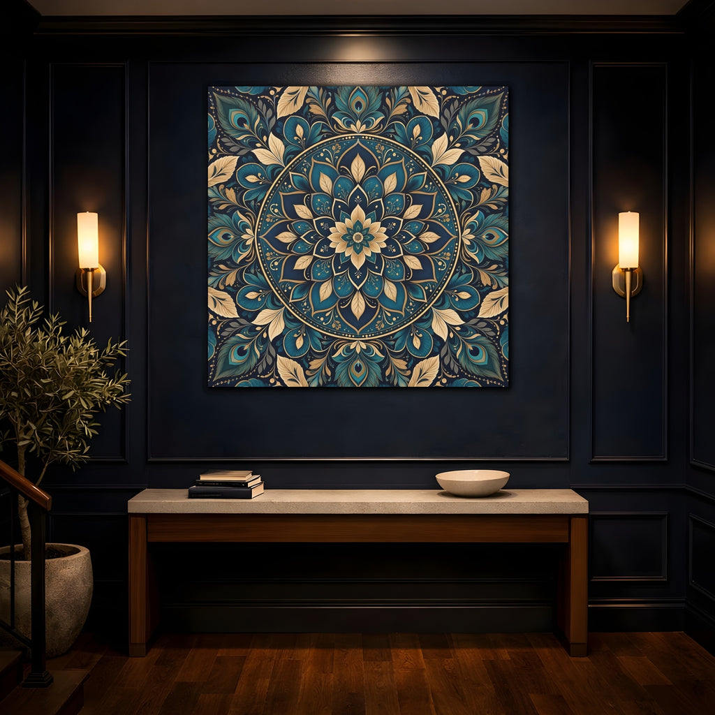Mockup 4. Floral Mandala Teal Gold Mandala shown as stretched canvas wall art