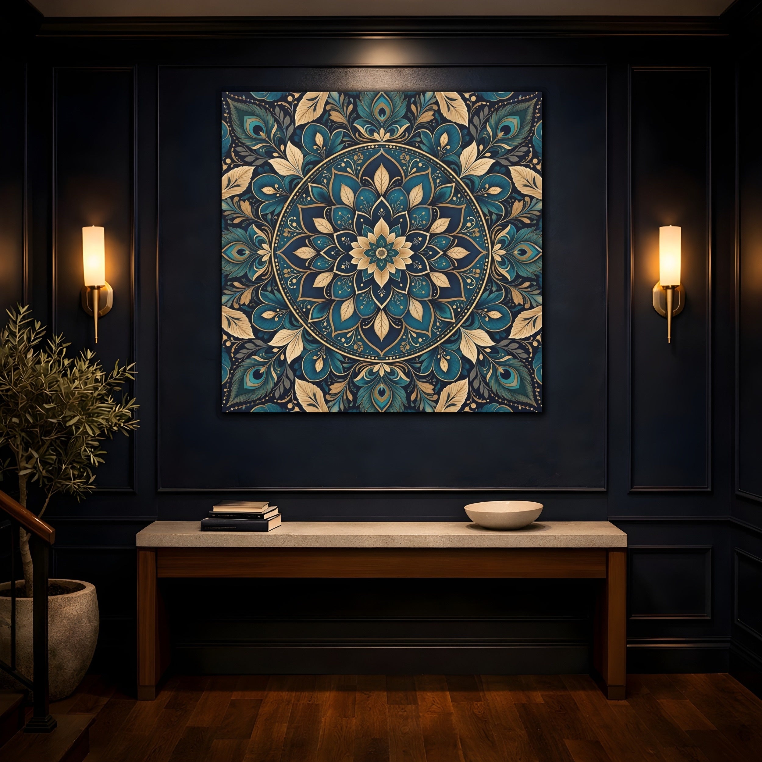 Mockup 4. Floral Mandala Teal Gold Mandala shown as stretched canvas wall art