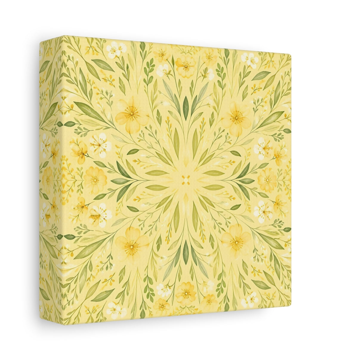 Side Mockup 2. Floral Floral Mandala Yellow Floral shown as stretched canvas wall art