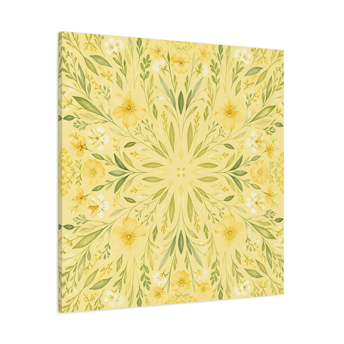 Side Mockup 1. Floral Floral Mandala Yellow Floral shown as stretched canvas wall art