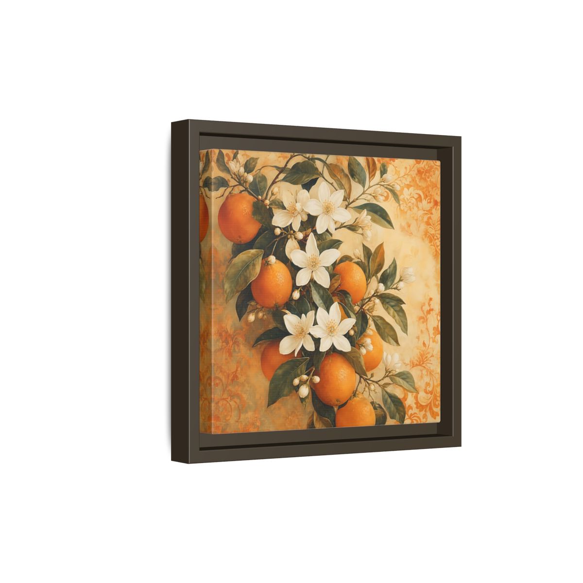 Side Mockup 20. Floral Orange Blossoms Orange Blossom shown as stretched canvas wall art