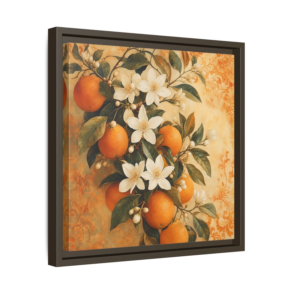 Side Mockup 29. Floral Orange Blossoms Orange Blossom shown as stretched canvas wall art