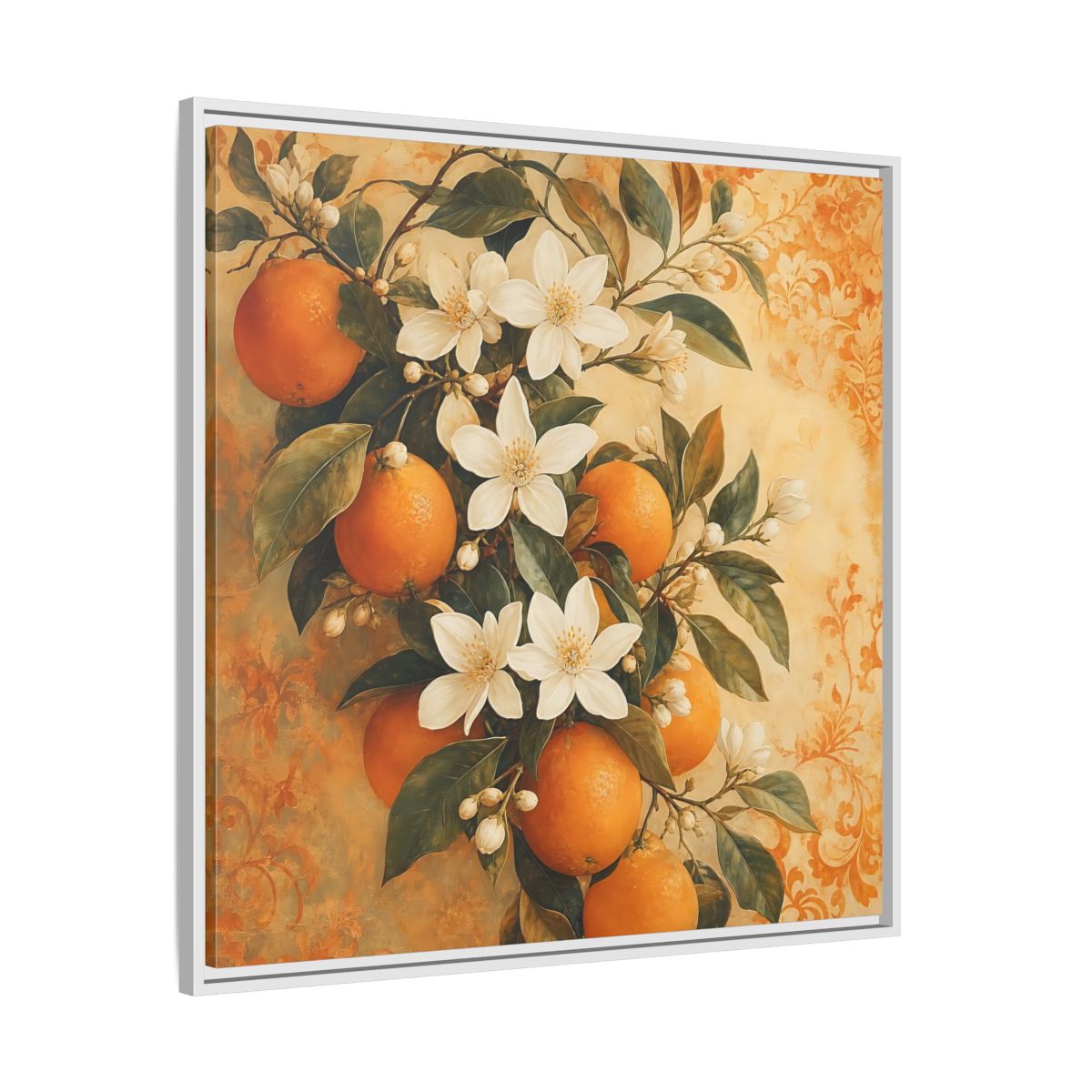 Side Mockup 25. Floral Orange Blossoms Orange Blossom shown as stretched canvas wall art