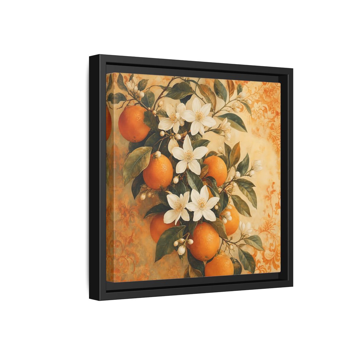 Side Mockup 18. Floral Orange Blossoms Orange Blossom shown as stretched canvas wall art