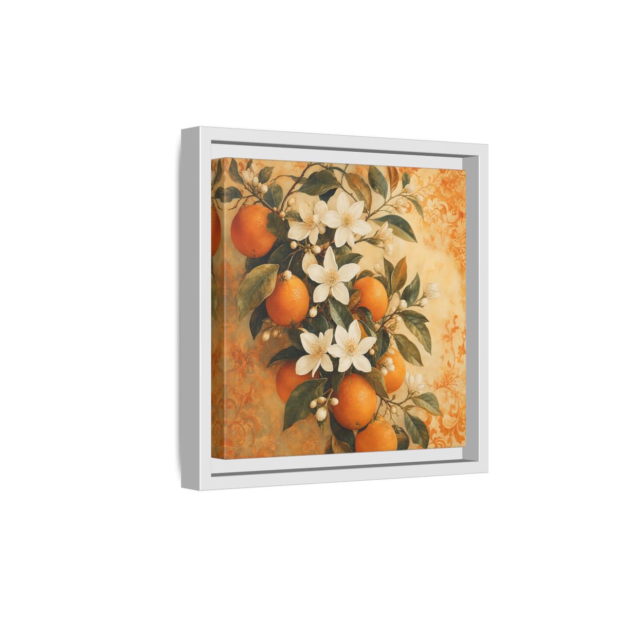 Side Mockup 19. Floral Orange Blossoms Orange Blossom shown as stretched canvas wall art