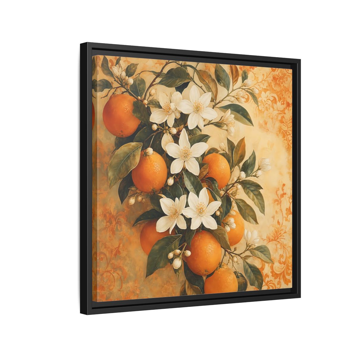 Side Mockup 12. Floral Orange Blossoms Orange Blossom shown as stretched canvas wall art