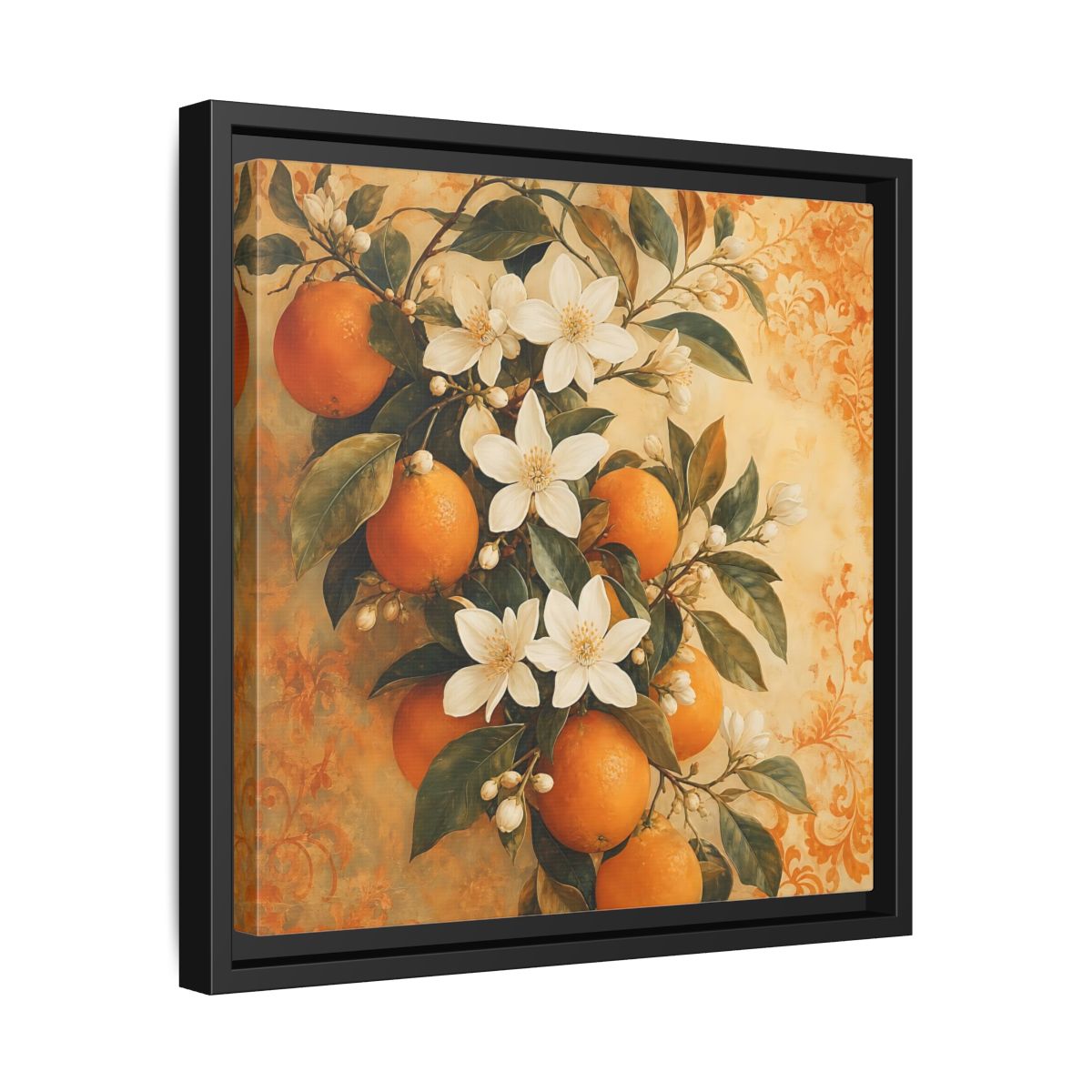 Side Mockup 32. Floral Orange Blossoms Orange Blossom shown as stretched canvas wall art