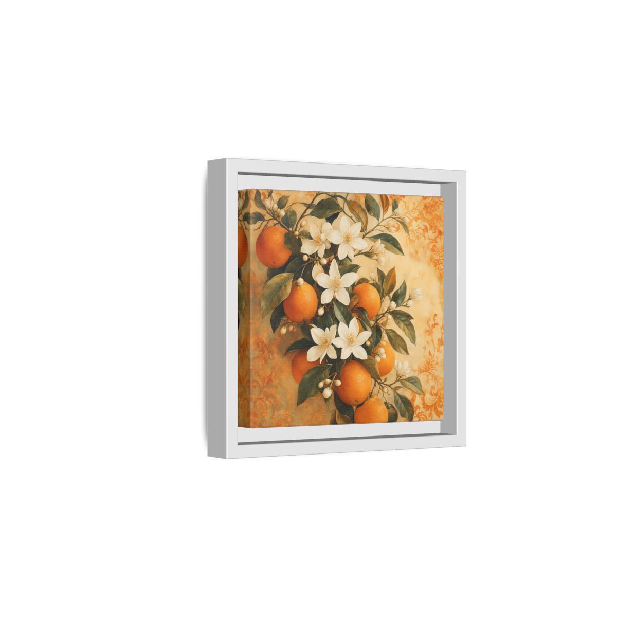 Side Mockup 1. Floral Orange Blossoms Orange Blossom shown as stretched canvas wall art