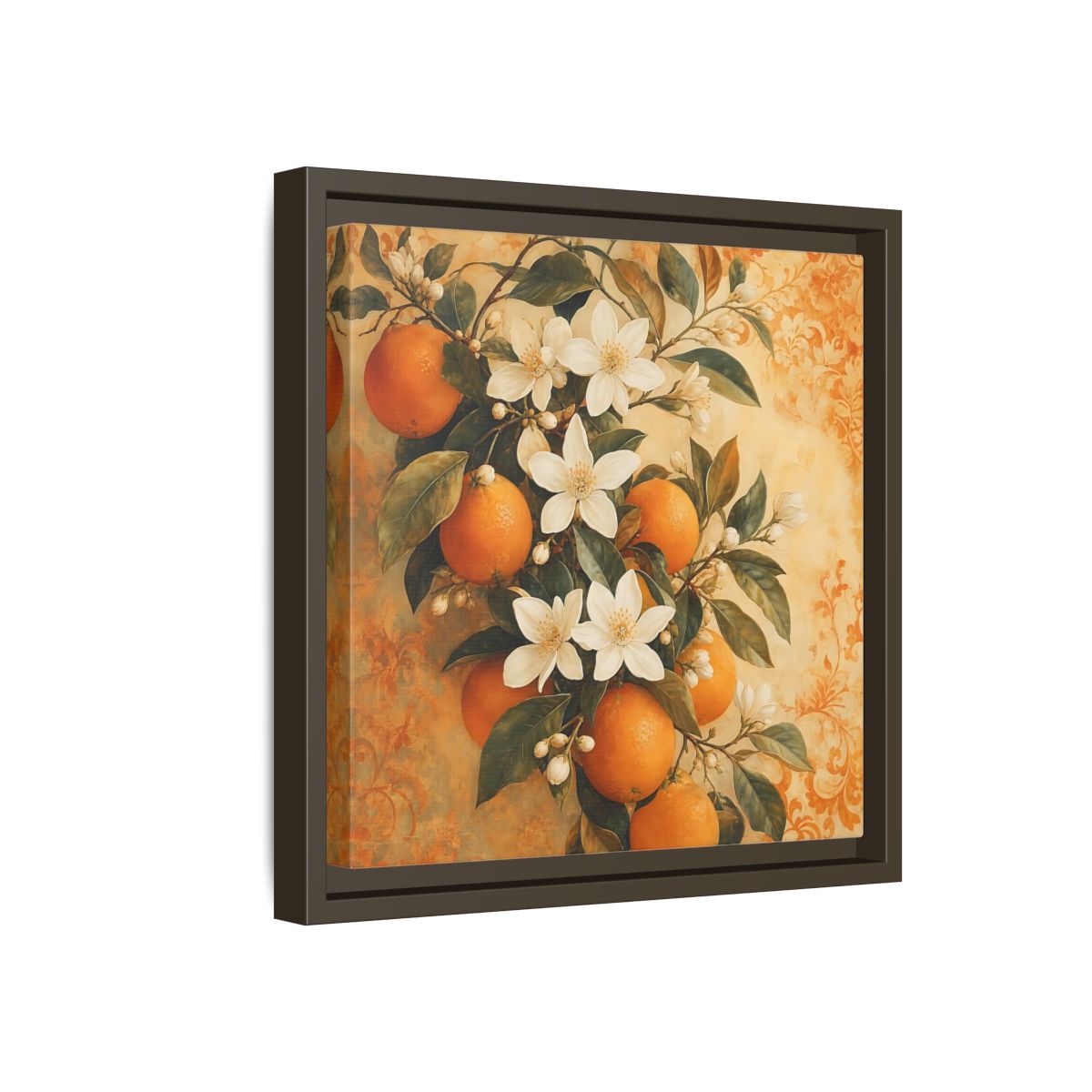 Side Mockup 17. Floral Orange Blossoms Orange Blossom shown as stretched canvas wall art