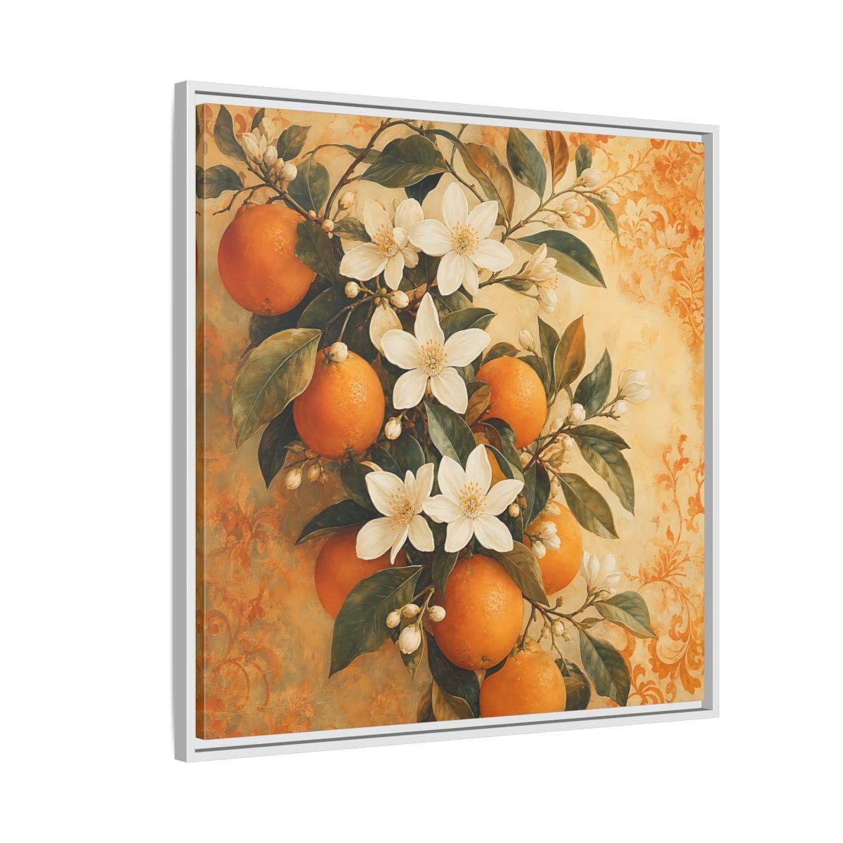 Side Mockup 7. Floral Orange Blossoms Orange Blossom shown as stretched canvas wall art