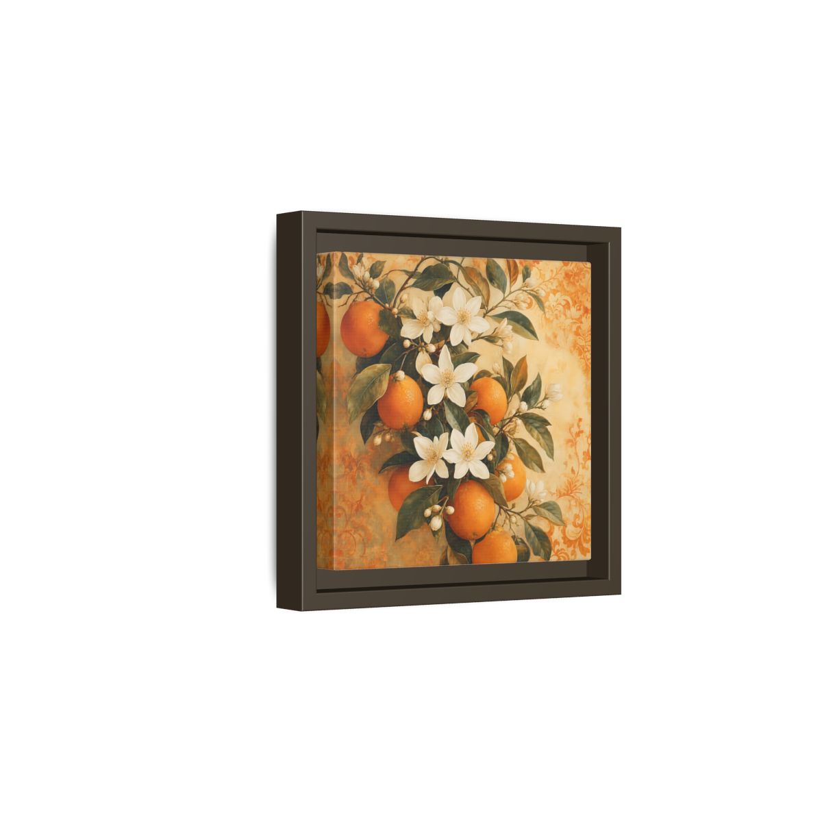 Side Mockup 2. Floral Orange Blossoms Orange Blossom shown as stretched canvas wall art