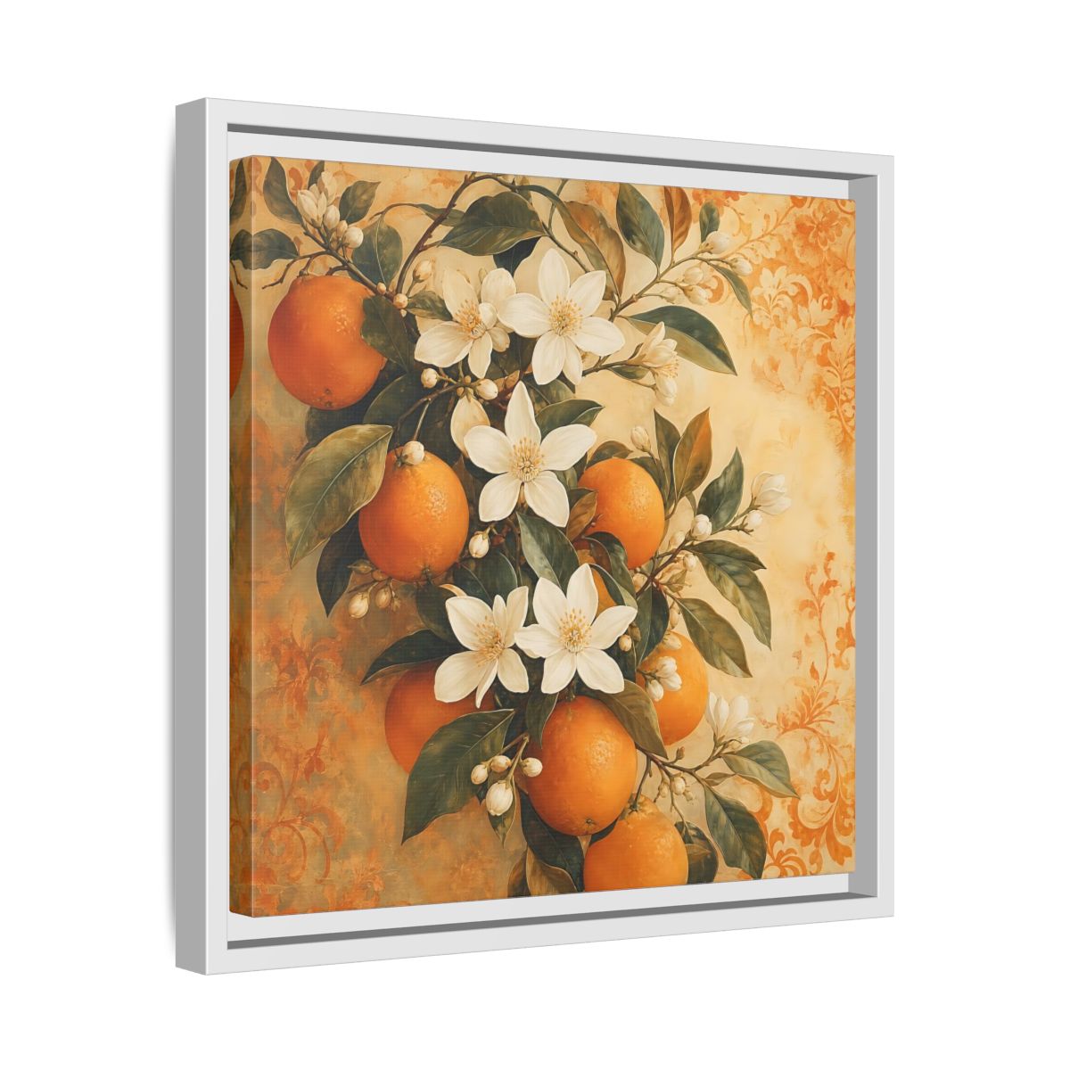 Side Mockup 28. Floral Orange Blossoms Orange Blossom shown as stretched canvas wall art