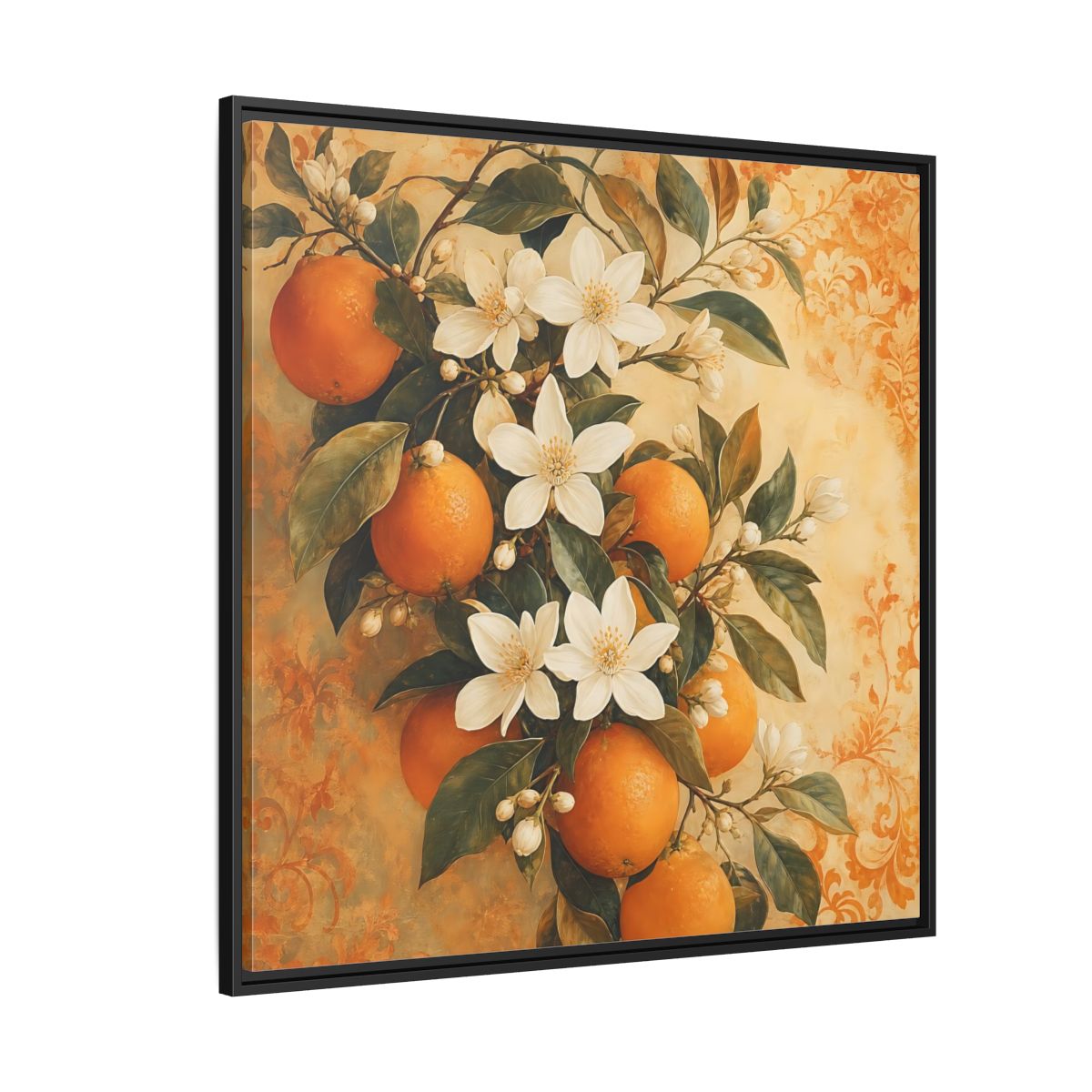 Side Mockup 6. Floral Orange Blossoms Orange Blossom shown as stretched canvas wall art