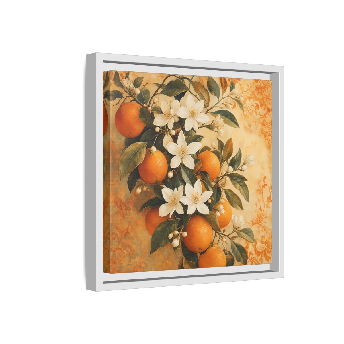 Side Mockup 16. Floral Orange Blossoms Orange Blossom shown as stretched canvas wall art