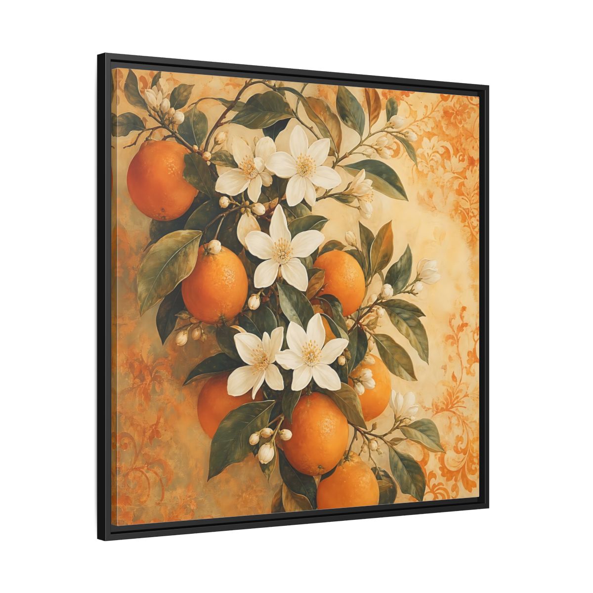 Side Mockup 30. Floral Orange Blossoms Orange Blossom shown as stretched canvas wall art