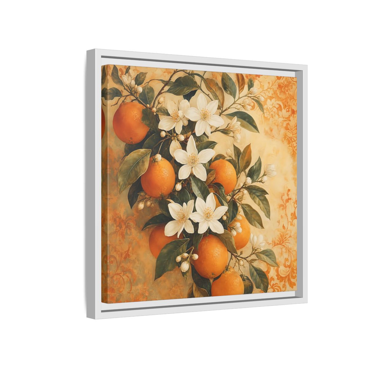 Side Mockup 13. Floral Orange Blossoms Orange Blossom shown as stretched canvas wall art