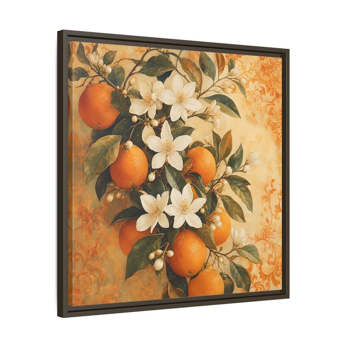 Side Mockup 27. Floral Orange Blossoms Orange Blossom shown as stretched canvas wall art