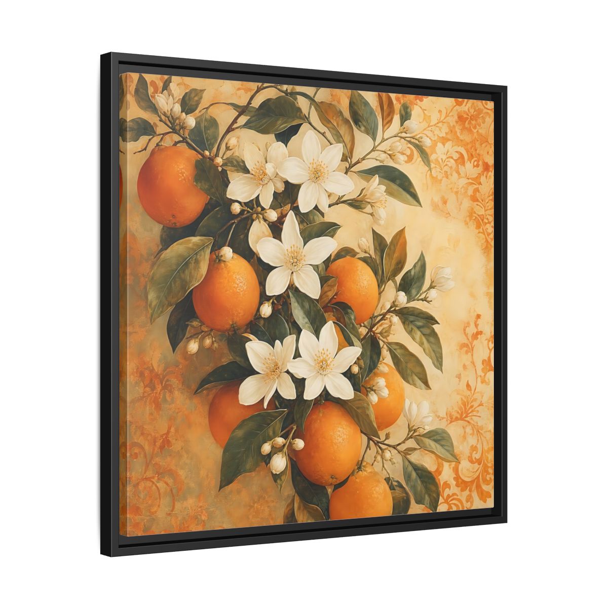 Side Mockup 31. Floral Orange Blossoms Orange Blossom shown as stretched canvas wall art
