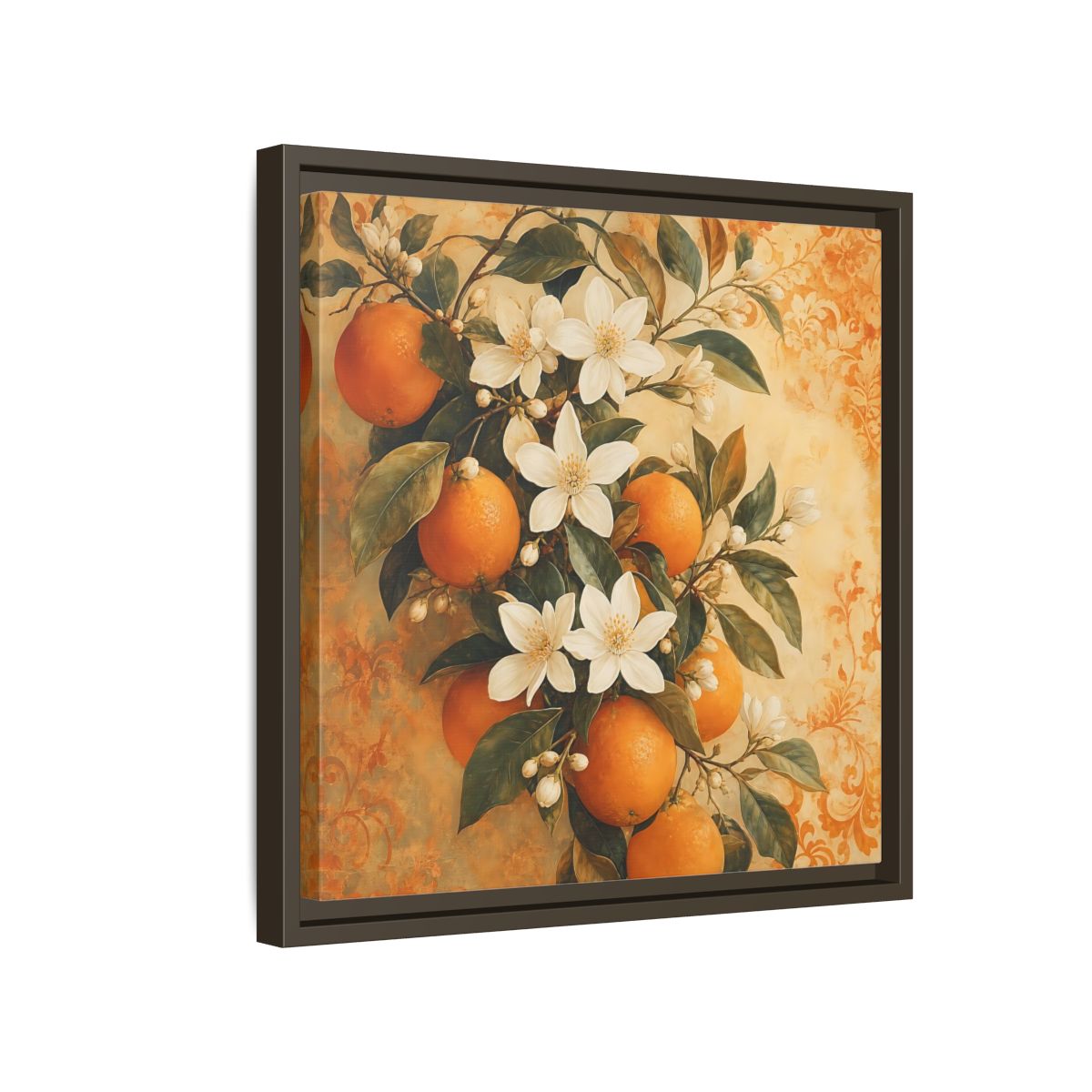Side Mockup 14. Floral Orange Blossoms Orange Blossom shown as stretched canvas wall art