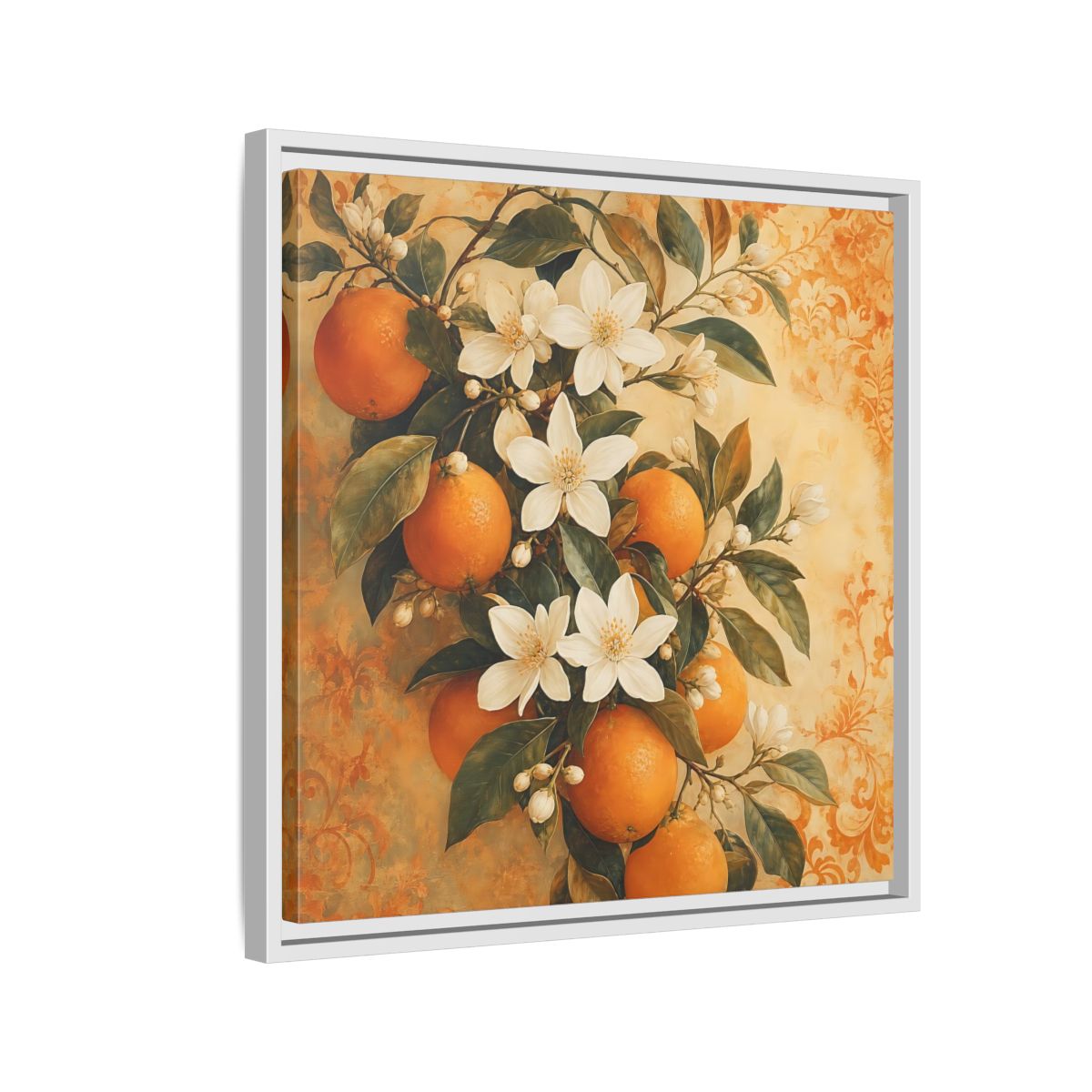 Side Mockup 10. Floral Orange Blossoms Orange Blossom shown as stretched canvas wall art
