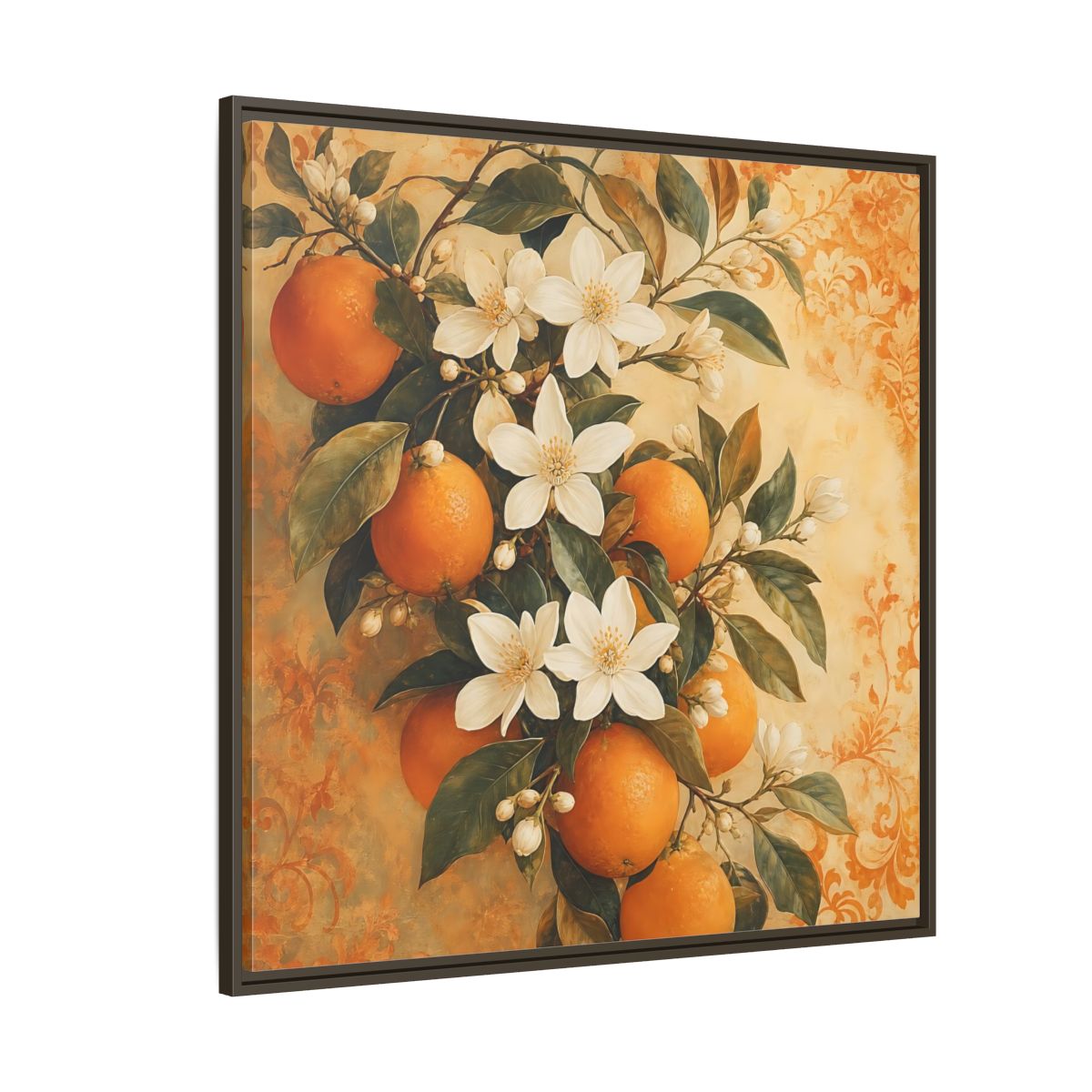 Side Mockup 5. Floral Orange Blossoms Orange Blossom shown as stretched canvas wall art