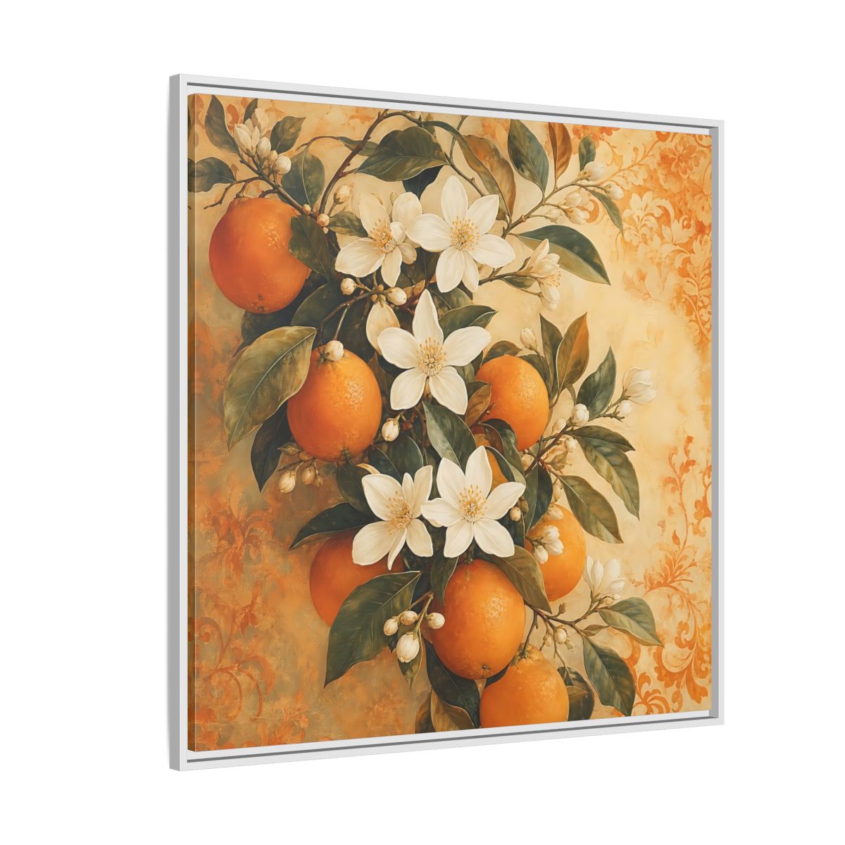 Side Mockup 4. Floral Orange Blossoms Orange Blossom shown as stretched canvas wall art