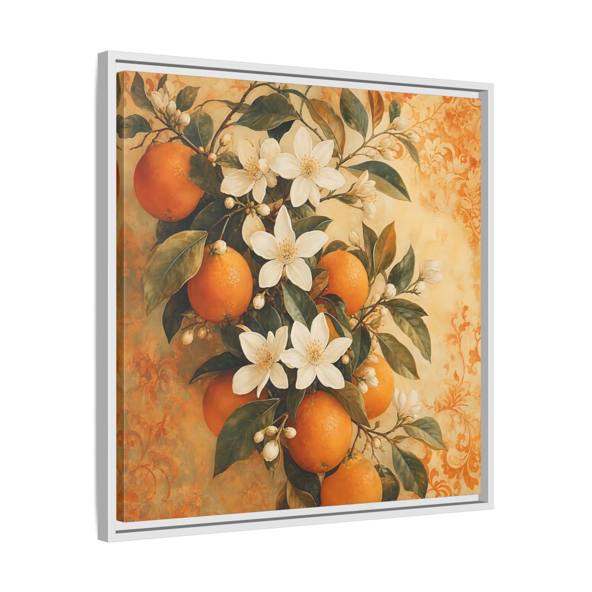 Side Mockup 26. Floral Orange Blossoms Orange Blossom shown as stretched canvas wall art