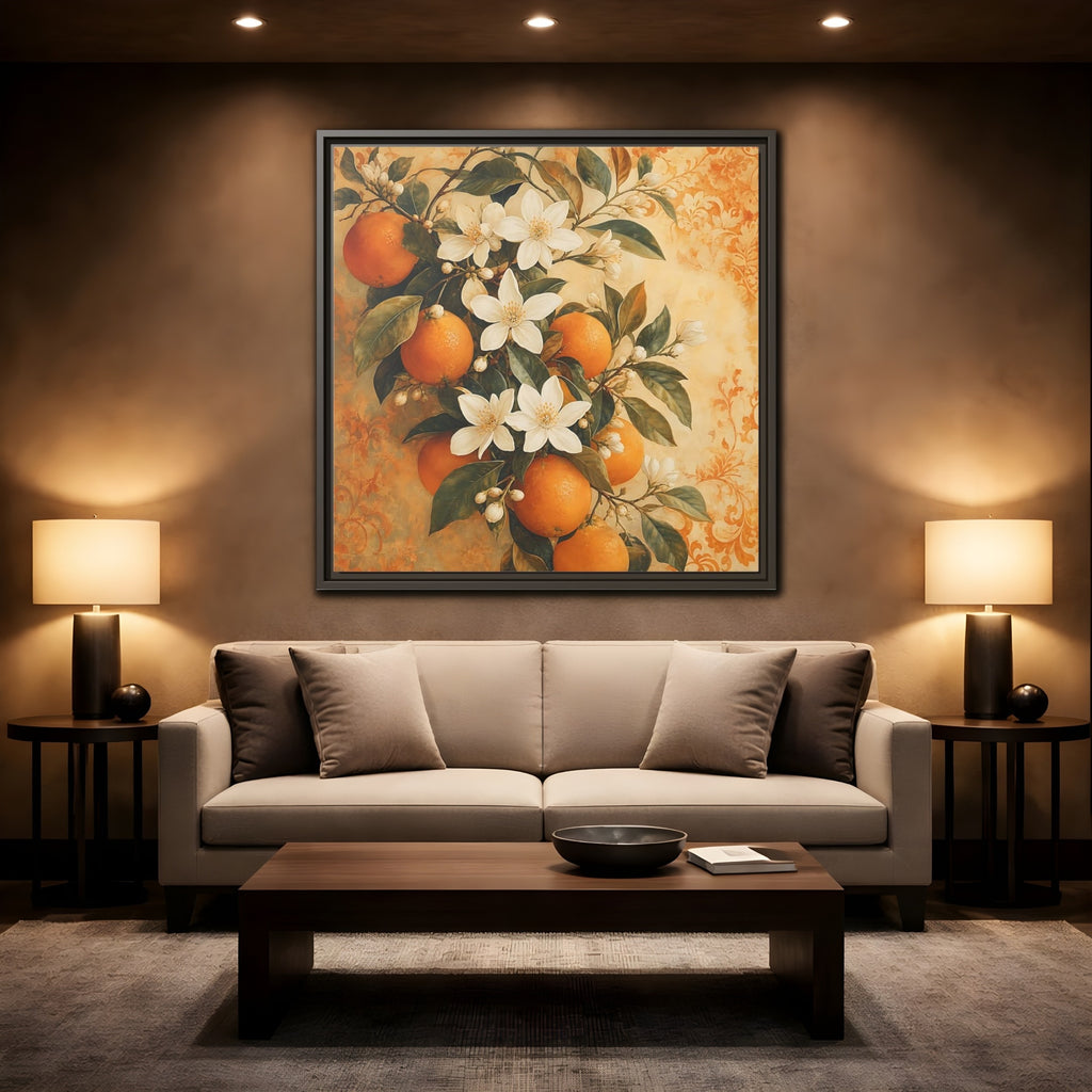 Mockup 2. Floral Orange Blossoms Orange Blossom shown as stretched canvas wall art