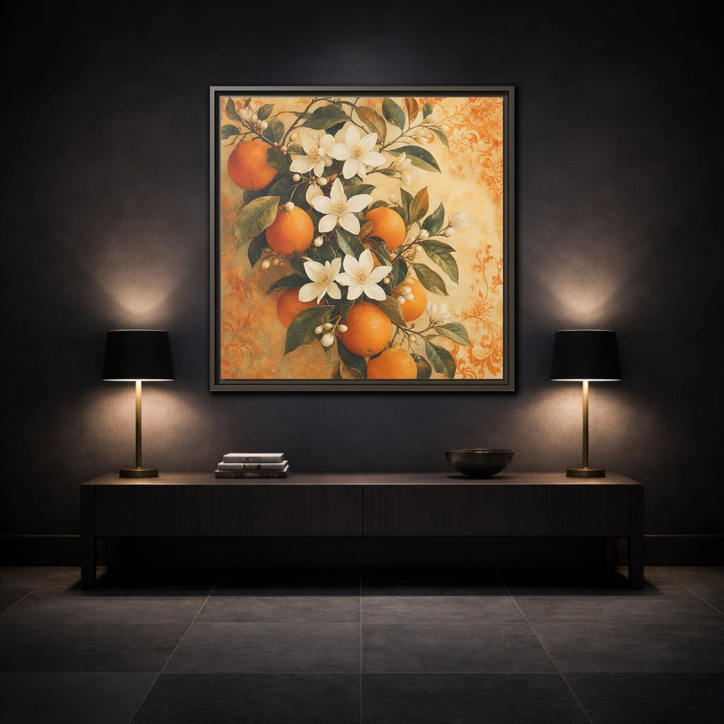 Mockup 3. Floral Orange Blossoms Orange Blossom shown as stretched canvas wall art