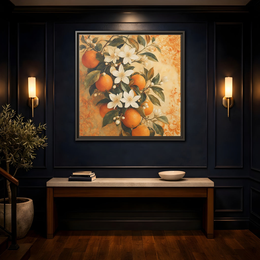 Mockup 4. Floral Orange Blossoms Orange Blossom shown as stretched canvas wall art