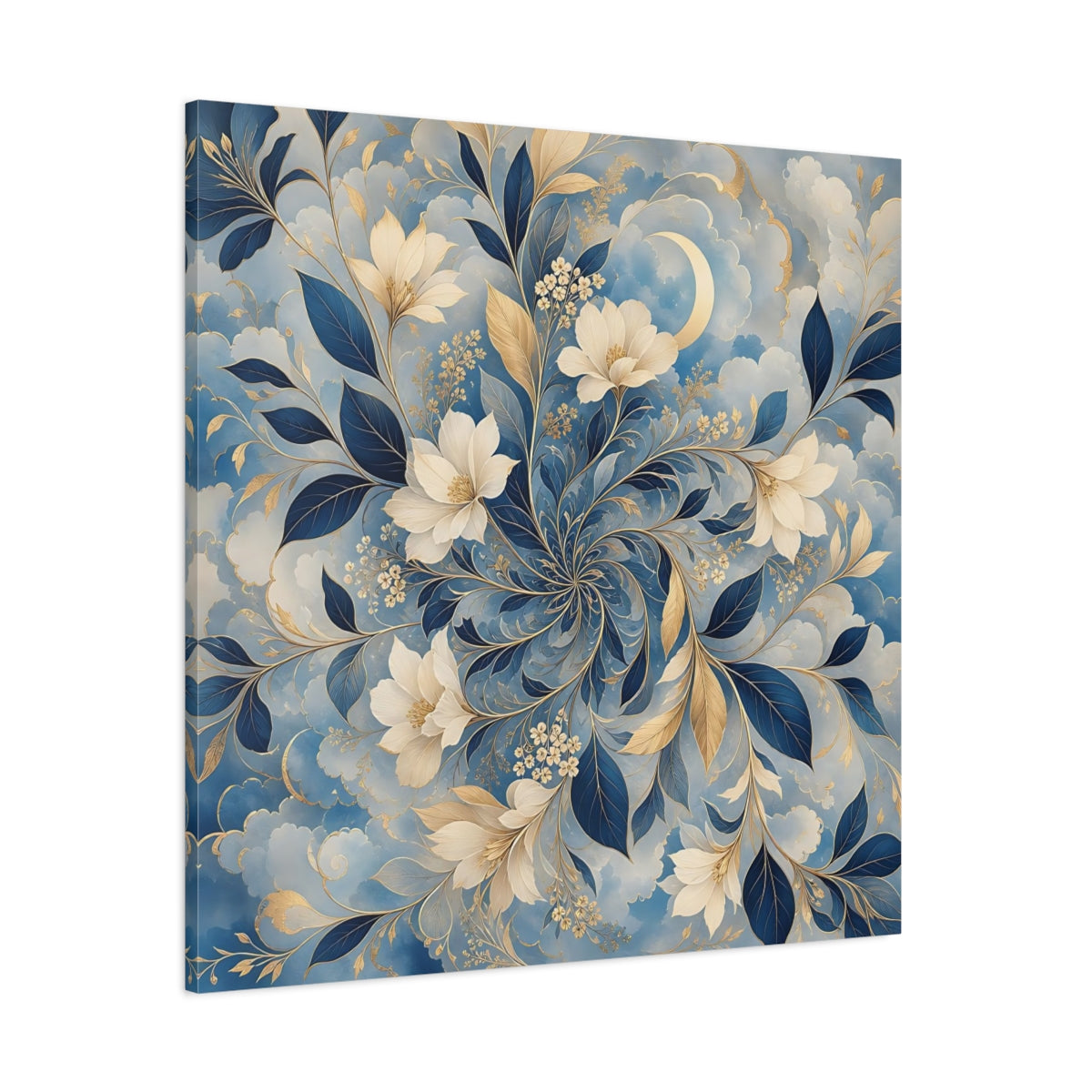 Side Mockup 1. Floral Floral Pattern Blue Gold Floral shown as stretched canvas wall art