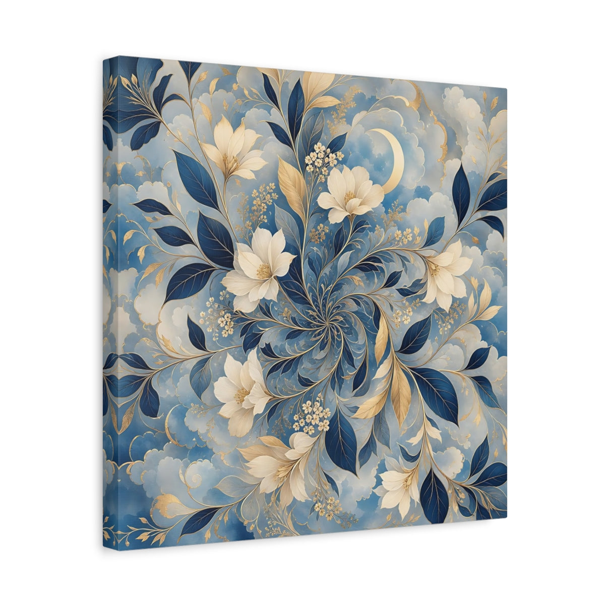 Side Mockup 6. Floral Floral Pattern Blue Gold Floral shown as stretched canvas wall art