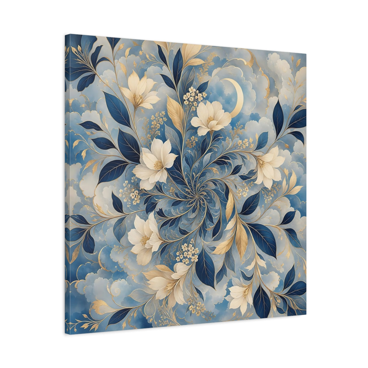 Side Mockup 3. Floral Floral Pattern Blue Gold Floral shown as stretched canvas wall art
