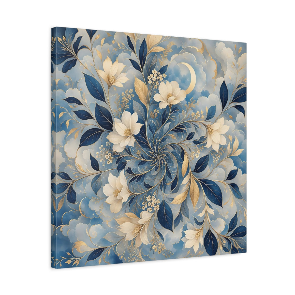 Side Mockup 4. Floral Floral Pattern Blue Gold Floral shown as stretched canvas wall art