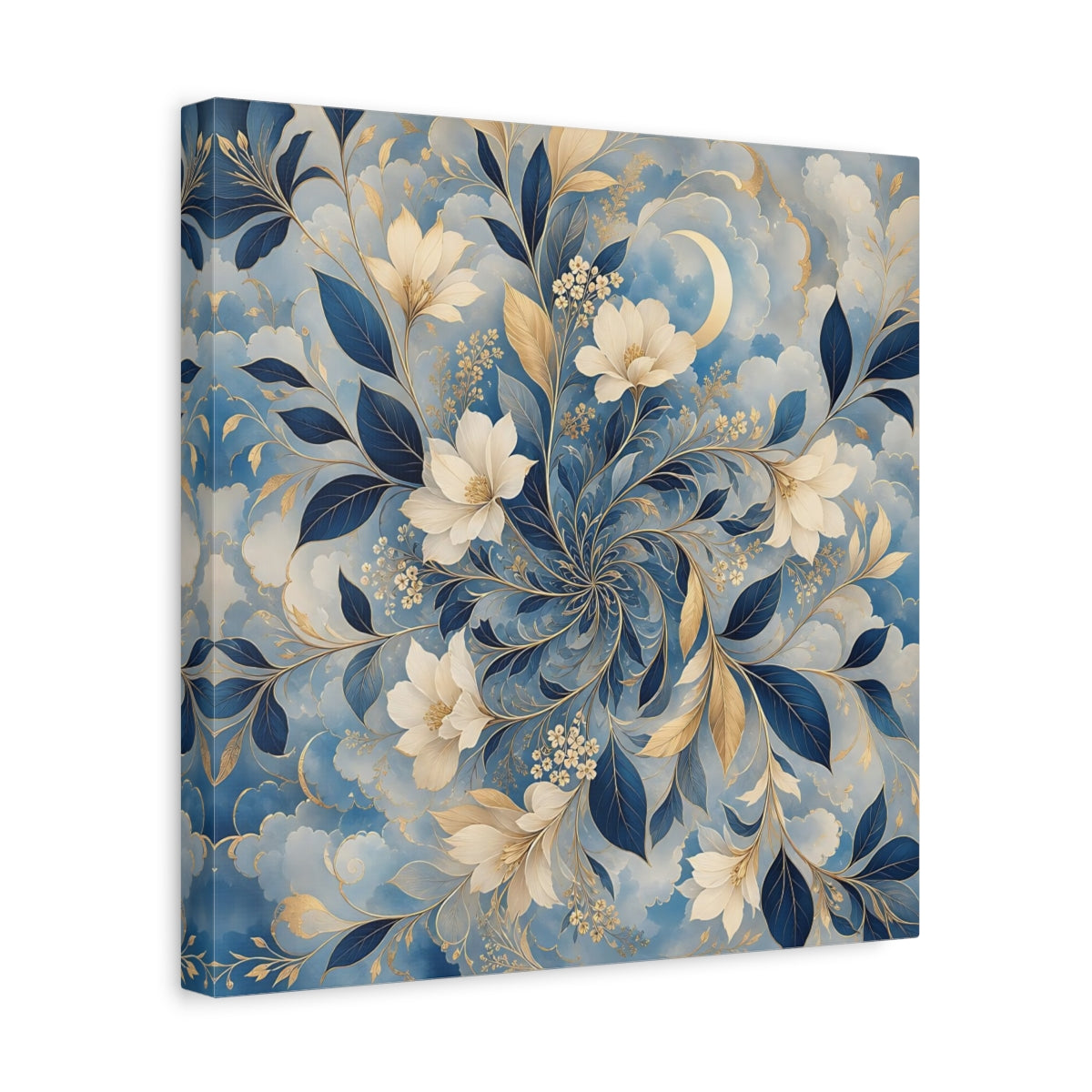Side Mockup 7. Floral Floral Pattern Blue Gold Floral shown as stretched canvas wall art
