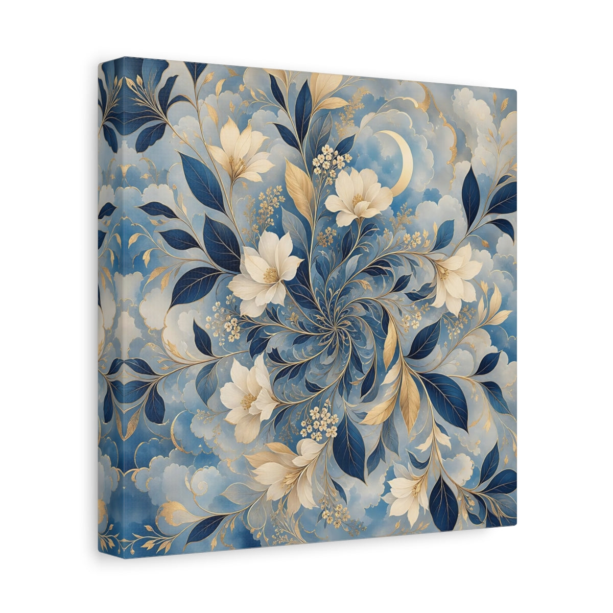 Side Mockup 9. Floral Floral Pattern Blue Gold Floral shown as stretched canvas wall art