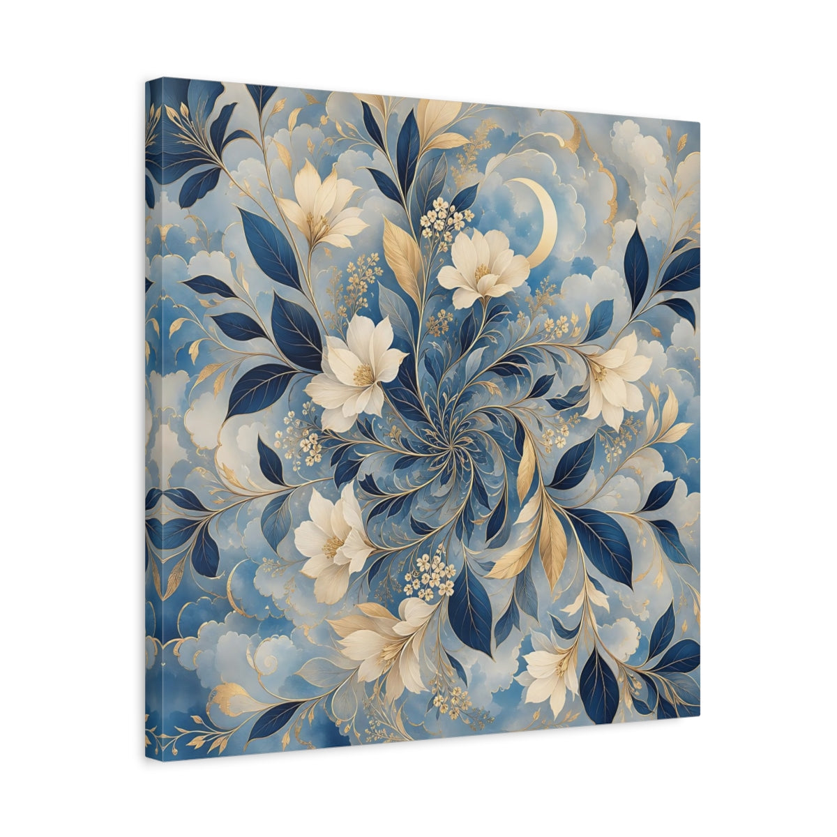 Side Mockup 5. Floral Floral Pattern Blue Gold Floral shown as stretched canvas wall art