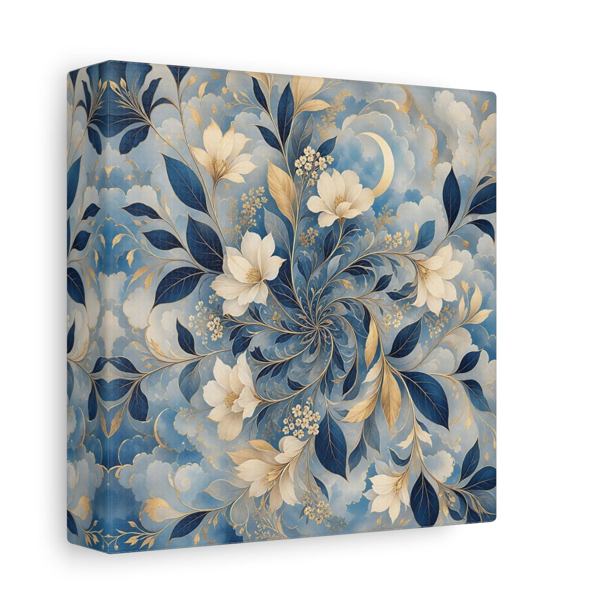 Side Mockup 2. Floral Floral Pattern Blue Gold Floral shown as stretched canvas wall art