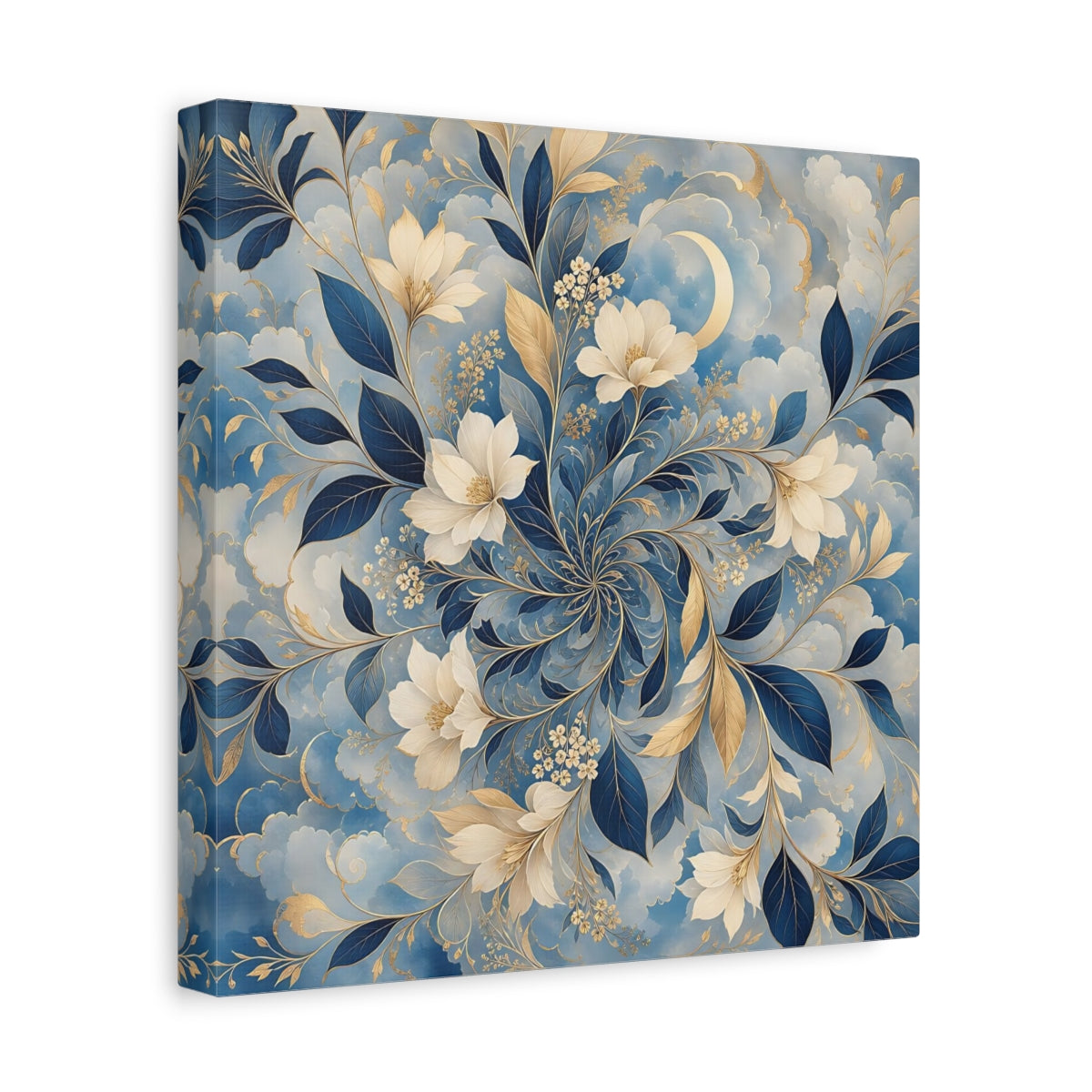 Side Mockup 8. Floral Floral Pattern Blue Gold Floral shown as stretched canvas wall art