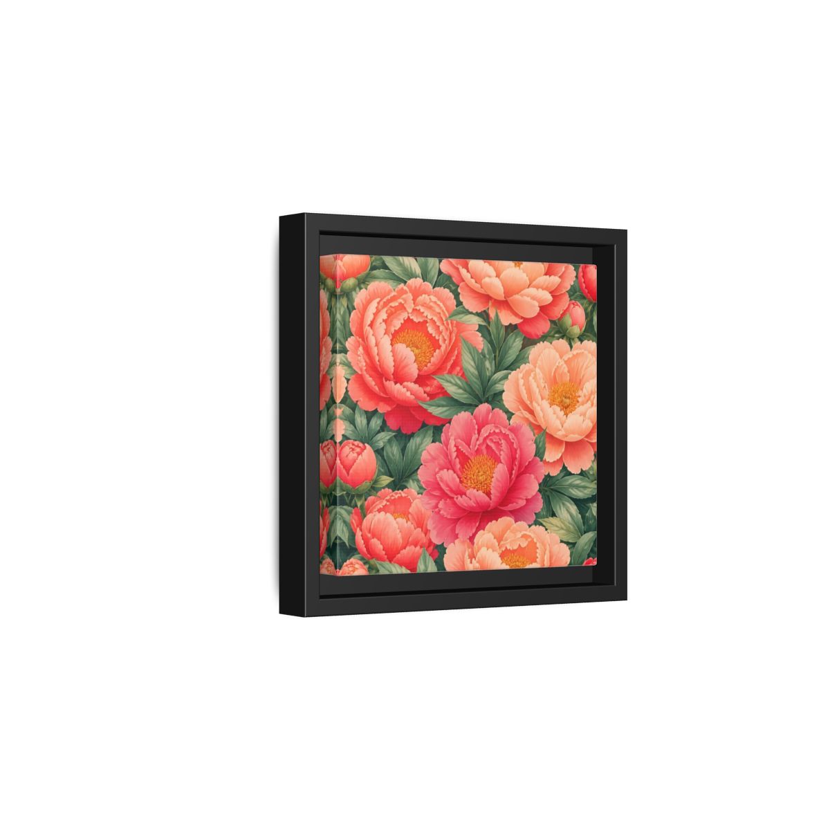 Side Mockup 3. Floral Peonies Pink And Green Peonies shown as stretched canvas wall art