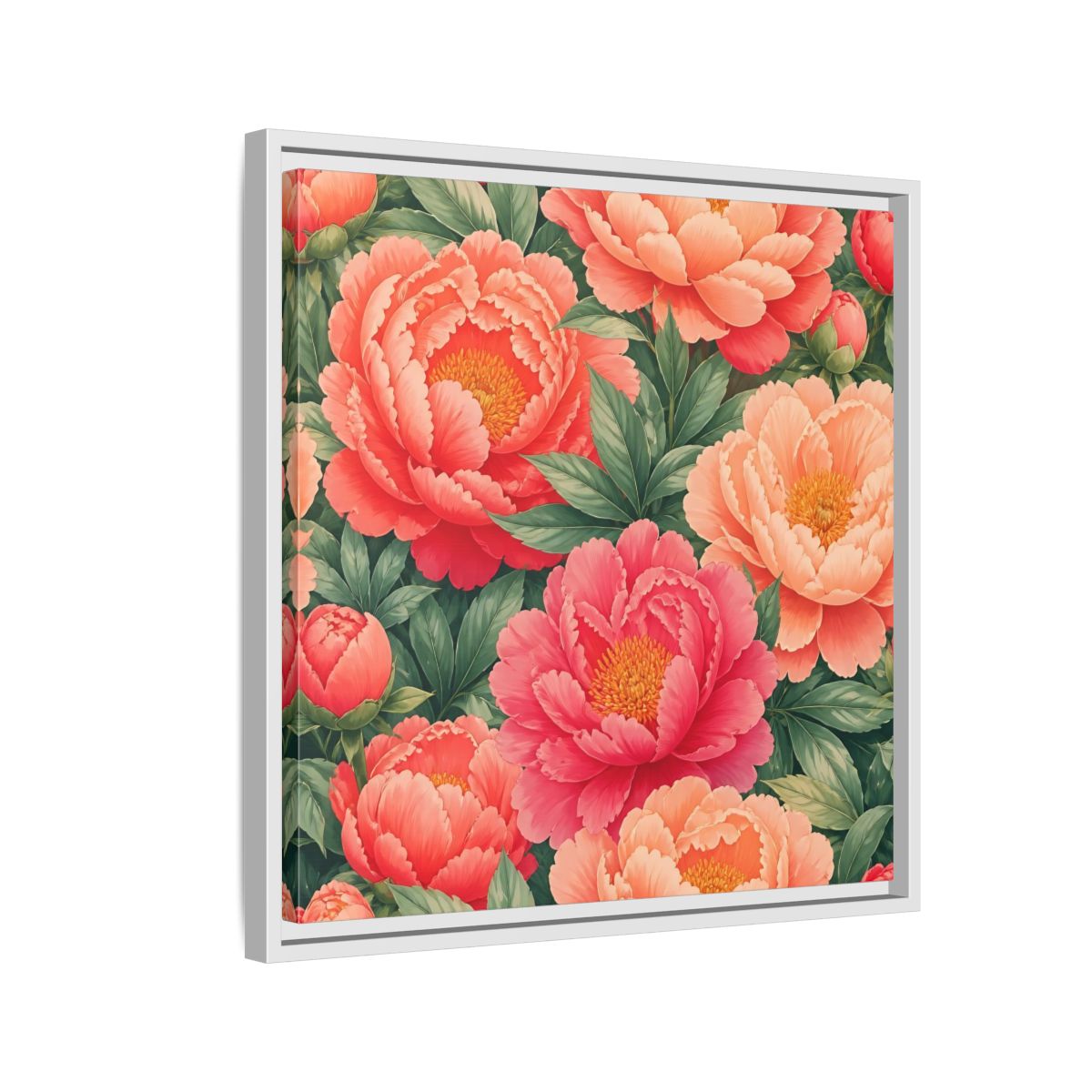 Side Mockup 10. Floral Peonies Pink And Green Peonies shown as stretched canvas wall art